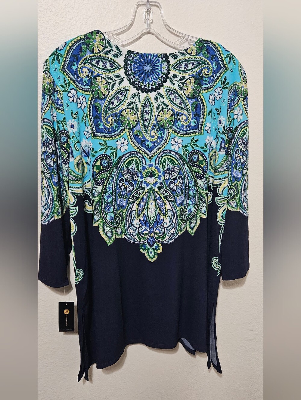 JM Collection Navy, Turquoise & Green Paisley Scoop-Neck Long Sleeve Top - Picture 2 of 10